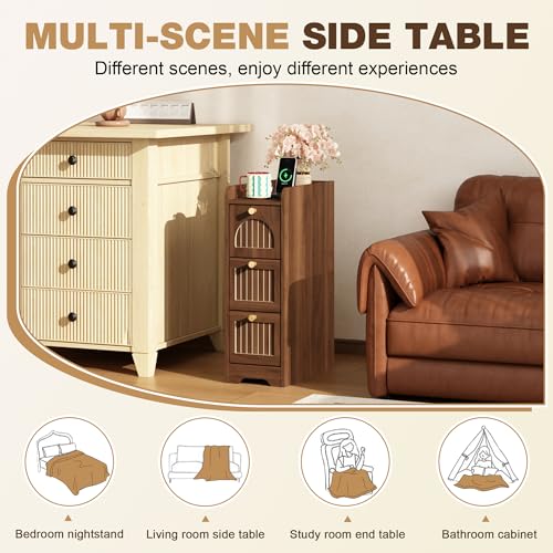 Image of 7.87 inch Narrow Nightstand Set of 2, Fluted Slim Bedside Table with 2 Drawers, Mid Century Modern Small End Table with Gold Metal Handles, for Bedroom, Living Room & Small Spaces - Walnut