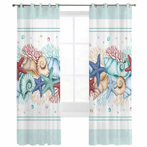Teal Green Starfish Sheer Curtains 96 Inch Length 2 Panels