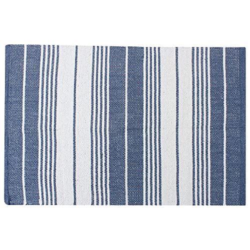 Asraie Hand Woven Cotton Striped Rag Rug | Cotton Reversible Rugs | Recycled Cotton Area Rug For Living Room Kitchen Entryway 2X3' (Navy Blue & White) #TOP1