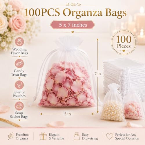 Image of Sukh 100pcs Organza Bags 5''x7'' - White Sheer Mesh Drawstring Bags for Jewelry, Soap, Fruits, Candy, Small Gift Bags for Weddings, Valentine's Day, Father's Day, Halloween, Thanksgiving, Christmas