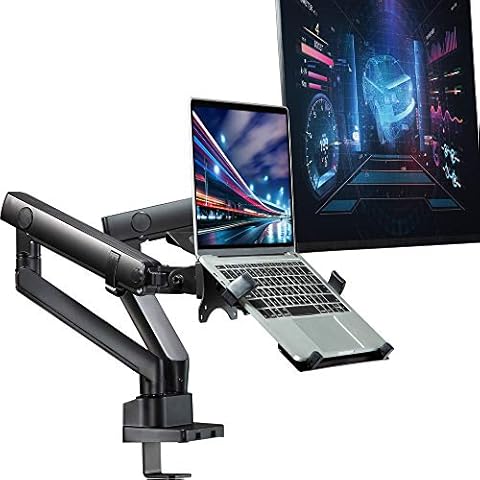AVLT Laptop and Monitor Stand - Mount 15.6" Notebook and 32" Monitor on 2 Full Motion Adjustable Arms - Organize Your Work Surface with Ergonomic VESA Monitor Mount Cover