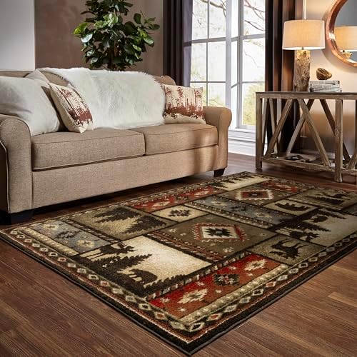 Oriental Weavers Woodlands Area Rug - 1041C - 5'3" x 7'3" - in Black/Multi - Lodge Style, Stain Resistant, Family and Pet Friendly, Bedroom, Office Rug