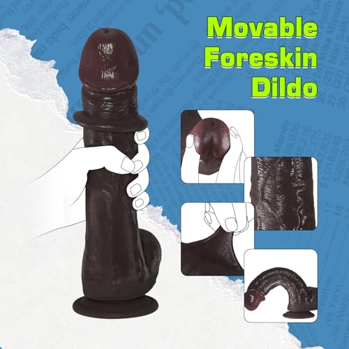 Image of 10'' Big Brown Dildo with Movable Skin, Realistic Foreskin Dildos, Huge Thick BBC, Real Skin Dual Silicone Dildos with Strong Suction Cup, Adult Sex Toys for Men, Women and Gays