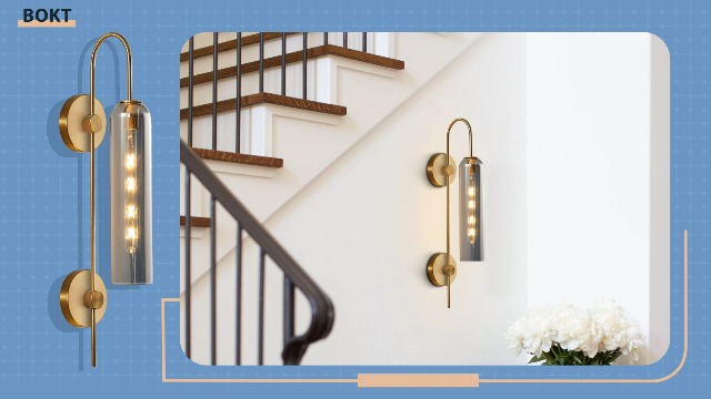 Image of BOKT Brushed Brass Gold Wall Mounted Sconce Mid Century Modern Smoke Gray Glass Wall Sconce Light Single Bathroom Bedroom Wall Lighting Fixtures for Living Room Hallway Kitchen Mirror (Smoke Gray)