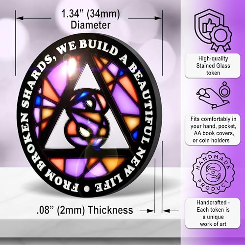 Image of Stained Glass 8 Year AA Chip Sobriety Coin Medallion, Fragments to Freedom Alcoholics Anonymous Addiction Recovery Anniversary Token, Inspirational Sober Gifts for Men and Women by the Token Shop