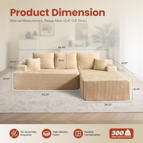 Image of ovios 96 inch Cloud Sectional Couch with L-Shape Chaise,Modern Modular Sofa with Deep Seat, Upholstered Couches for Living Room Bedroom,No Assembly Required, Beige (Plush Corduroy Fabric)