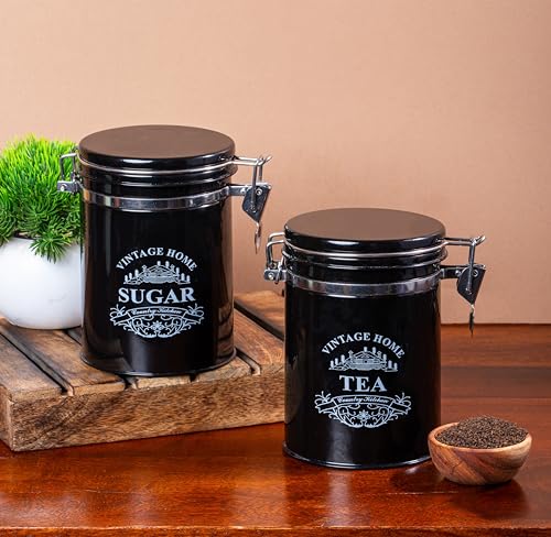 Image of Metallure Home Clip-Lock Round Classic Tea Sugar Container Set of 2 | Metal Container for Kitchen Storage | Airtight Jar Set | Food-Safe Tea Jars for Kitchen (Black)