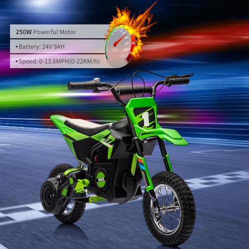 Image of Garvee 24V Kids Electric Off-Road Motorcycle, Ride on 250W Motor 13.6MPH | Fast Speed Dirt Bike, Leather Seat, Twist Grip Throttle, Metal Suspension, Air-Filled Tires for Kids Teens Riding Toy, Green