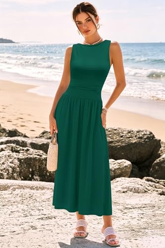 Image of Womens Summer Casual Midi Maxi Dress 2026 Sleeveless Ruched A Line Flowy Cocktail Wedding Guest Beach Long Sundress