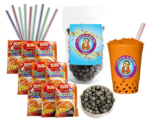DeDe Instant Boba Tea Kit 9 Drink Packets, Straws & Boba Thai Iced Tea