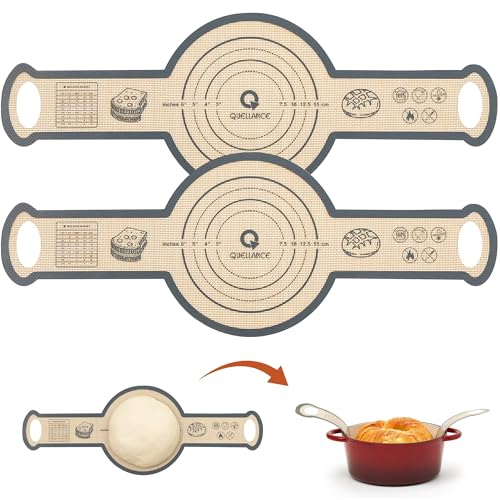 Silicone Sourdough Bread Sling Mat - 2Pcs Round Dough Baking Slings for Dutch Oven, NonStick High Degree Kitchen Sourbread Making Loaf Pan Lifter Liner, Reusable Cooking Transfer Mats with Long Handle