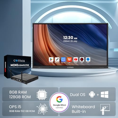 Image of Cornea 65 Inch All in One Interactive Smart Board 3840X2160 Pixel 4K UHD Display and Dual Operating System Android and Windows Version with K-12 Content WritePro for Office, School