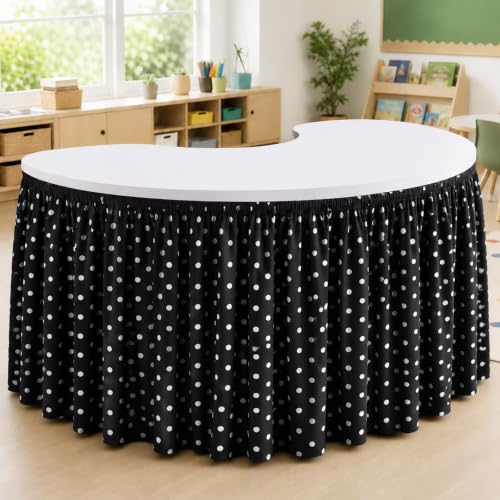 Image of 14FT Black Base White Polka Dots Table Skirt Ruffle Teacher Desk Skirt for Classroom Table Cover Skirts for Kidney Shaped Desk Back to School Party Decorations Kindergarten Office Bookcase Cabinet