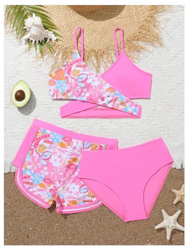 Image of SweatyRocks Girl's Floral Print Criss Cross Bikini Sets 3 Piece Bathing Suit Swimsuit with Beach Shorts