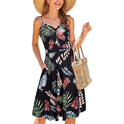 KILIG Women Summer Casual Dress V Neck Spaghetti Straps Backless Sleeveless Midi Sundress with Pockets(D, X-Large) Cover
