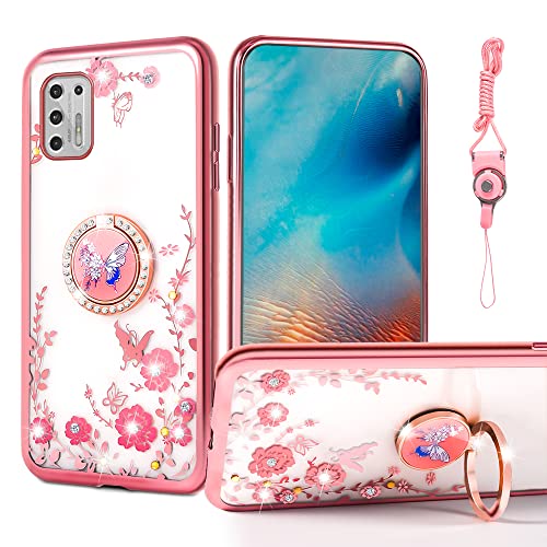 nancheng for Motorola Moto G Stylus 2021 4G Phone Case with Ring Kickstand Strap Lanyard Girls Women Cute Floral Shockproof Protective Cover - Rose Butterfly