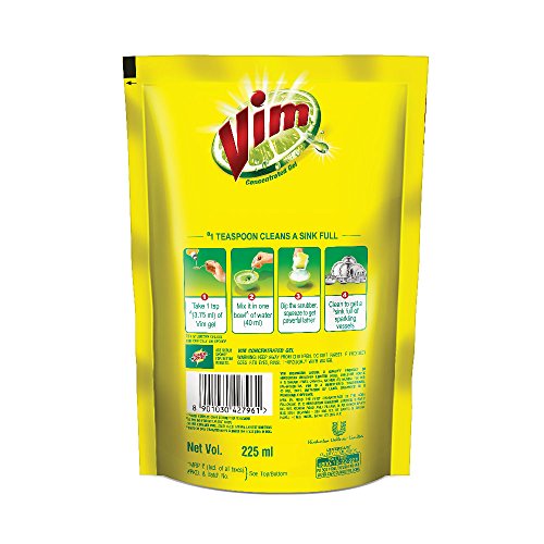 Image of Vim Dishwash Liquid Gel Lemon Refill Pouch, With Power Of Lemons, Leaves No Residue, Refreshing Dishwash Experience, 225 ml