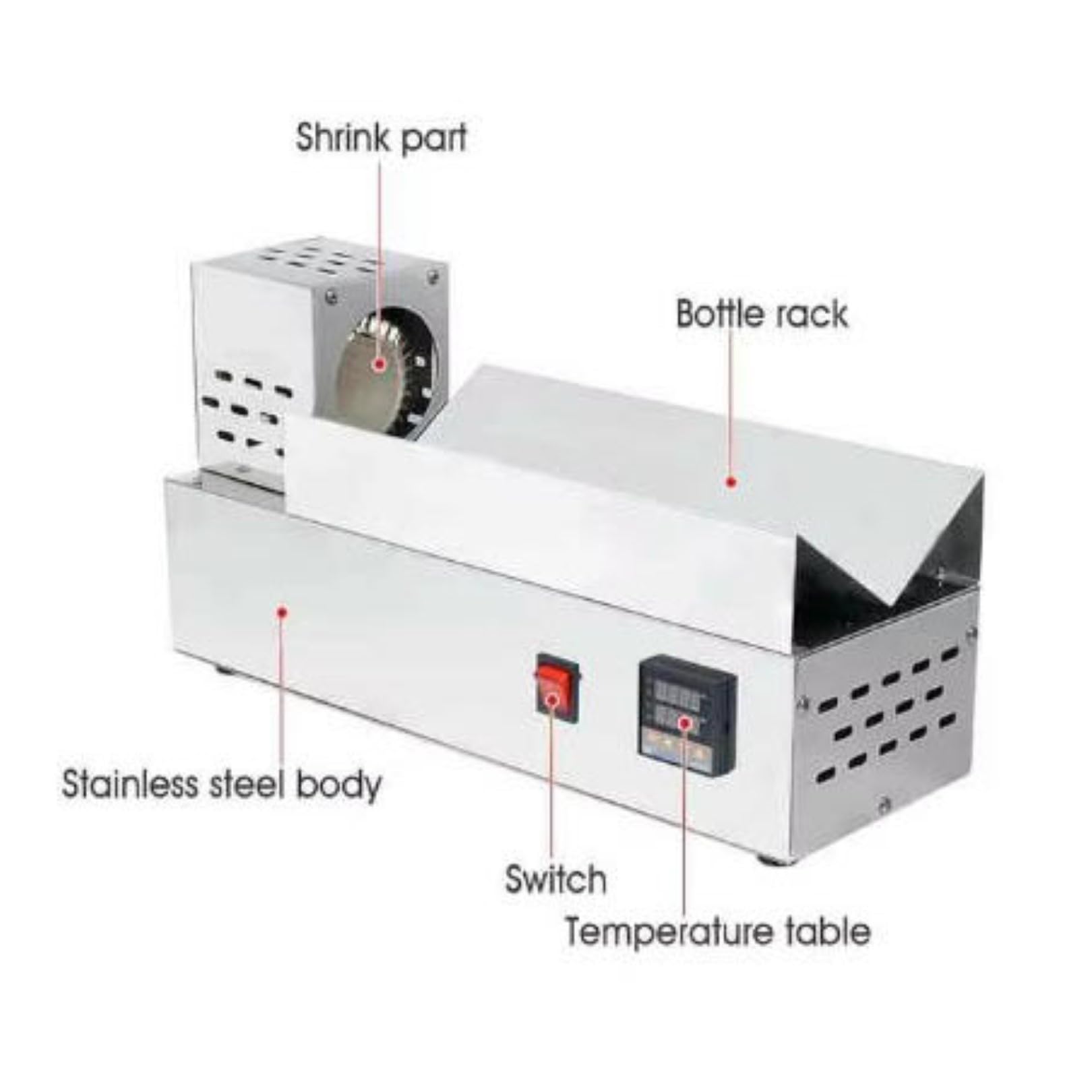Elektrische Schrumpfmaschine 600W, Einstellbare Temperatur mit Digitalanzeige, Edelstahl Schrumpffolie für Kronkorken bis 80mm Durchmesser, Höhe 300mm