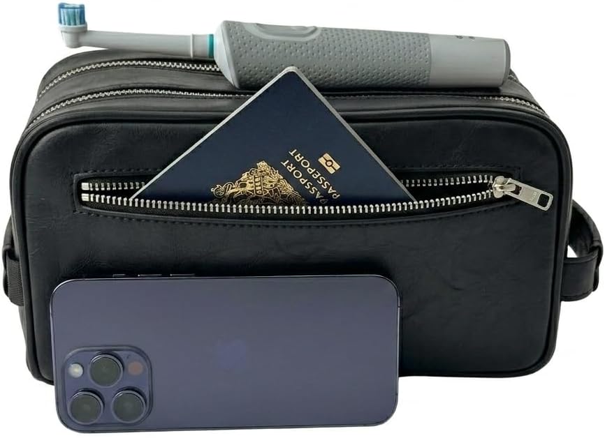 Toiletry Bag For Men, Premium PU Leather, Metal Zippers and Bottom Studs, Travel Essentials For Men, Waterproof Toiletry Bag, With Velvet Dust Bag, Mens Birthday Gift Ideas/BLACK