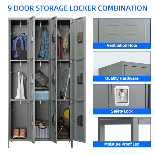 9 Doors Storage Locker Combination with 18 Hooks,Industries Double Tier Metal Locker for School Office Gym Home Employees Staff Sundries Room W35.43*D15.7*H72 (Light Grey)