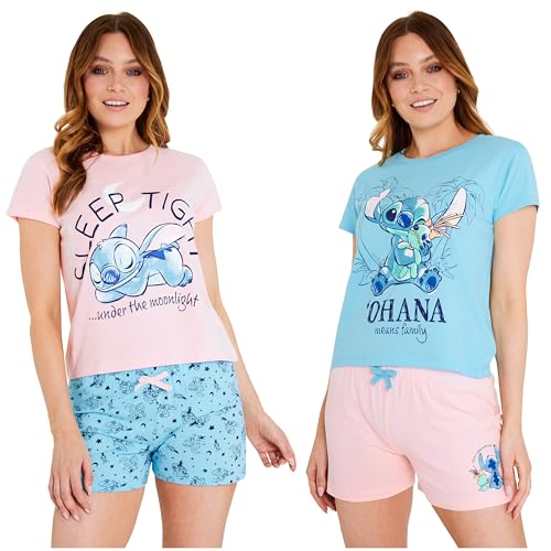 Disney Stitch Corto Conjunto de 2 Pijamas Mujer - Regalo para Mujer (Rosa/Azul, M)