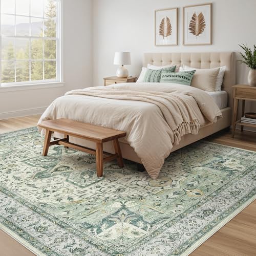 Tortania Area Rug Living Room Rugs - 7x9 Washable Boho Rug Vintage Oriental Distressed Farmhouse Large Thin Indoor Carpet for Living Room Bedroom Under Dining Table Home Office - Green