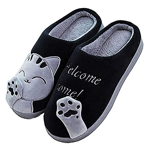 MoneRffi Unisex Katzen Hausschuhe Damen Winter Warm Plüsch Pantoffeln Paar Hausschuhe Weiche Bequeme Katze Pantoffeln rutschfeste Hausschuhe für Herren Mädchen Jungen (Schwarz katze,38/39 EU) Cover
