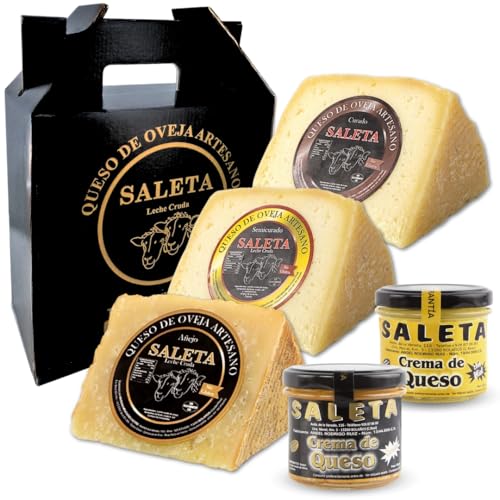 Amaisso® Cesta Quesos Gourmet Regalo | Queso Oveja de La Mancha | 3 Cuñas Quesos Curado, Semicurado y Añejo y 2 Tarros Crema de Queso para untar | Surtido de quesos 'Pack Premium 1Kg' Saleta
