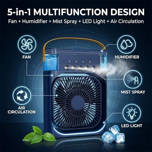 Image of Drumstone 5-in-1 Portable Air Cooler with Humidifier & LED Light, Personal Mini AC Fan with Water Tank, Ice Cooling Technology, Adjustable Speed, Compact Air Cooler for Home, Bedroom, Office