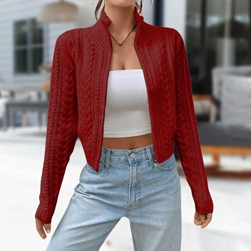 Women's Zip Up Cardigan Cropped Turtleneck Sweater Long Sleeve Ribbed Knit Cardigans Open Front Collared Cardigan3