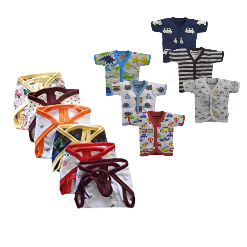 Tinchuk Baby's Summer Wear Cotton Front Open Half Sleeves Printed Vest T-Shirt and Double Layer Nappy Combo Set of 6 (Yellow, 0-3 Months, 12 Pieces) Assorted Prints 1