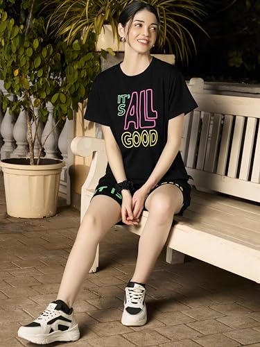 Image of ZEYO Night Suit for Women's Typography Printed Cotton Night Dress of Top and Shorts