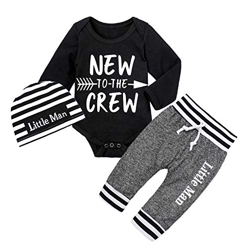 Image of Fommy Newborn Baby Boy Clothes New to The Crew Letter Print Romper+ Pants+Hat 3PCS Outfit