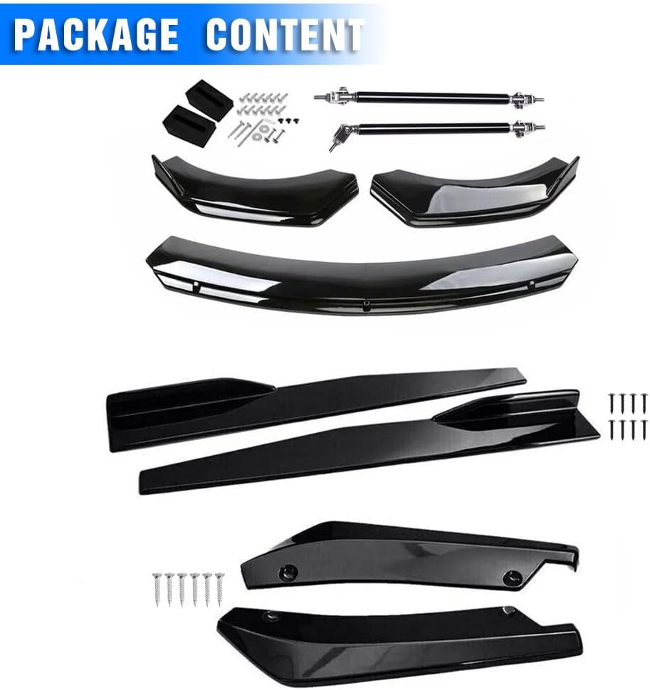 Glossy Black 69"-73" Adjustable Universal Car Front Bumper Lip SpoilerBody Kits with 29" Car Side Skirt Extension Rocker Panel and Rear Lip Diffuser + Adjustable 8-11" Splitter Rods