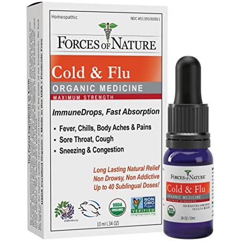 Forces of Nature Cold and Flu, Organic Maximum Strength Homeopathic Medicine, 0.34 Fl Oz, Immune Support & Multi Symptom Relief from Sinus, Cough, Fever, Sore Throat & Runny Nose, Non-Drowsy Cover