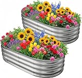 Eclaron Galvanized Raised Garden Bed for Outdoor: 4X2X1ft Durable Metal Vegetable Plant Container Kit - Oval Planter Box for Gardening Flower Trough （2 Pack）