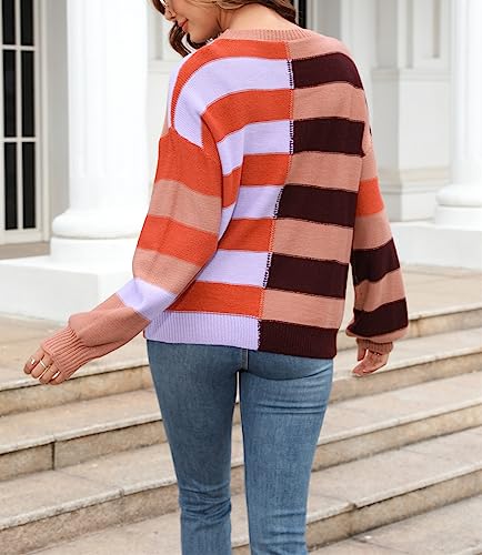 Image of chouyatou Women's Casual Crew Neck Color Block Striped Patchwork Knitted Pullover Sweater Tops