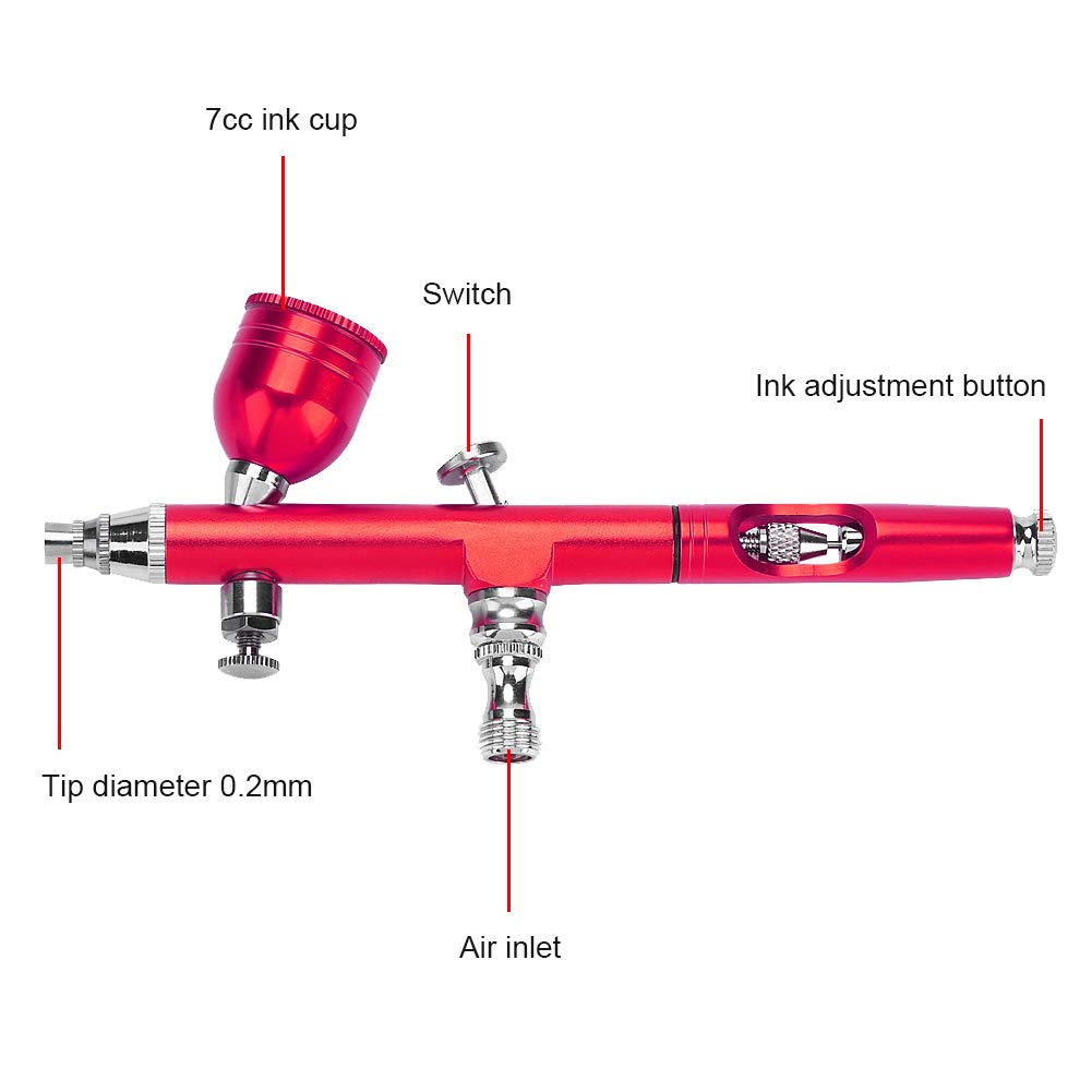 Pistola a spruzzo per aerografo a gravità da 0,2 mm di arte, per tatuaggi, decorazioni per torte e unghie (rosso)