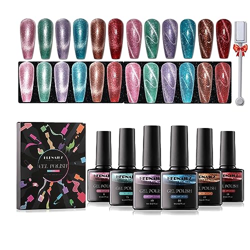 HEPNAILZ Cat Eye Gel Nail Polish 6 Colors Neon Reflective Glitter Magnetic Nail Polish Set Sparkly Diamond Nail Polish Varnish Kit with Magnet Soak Off UV Gel Nail Art Manicure