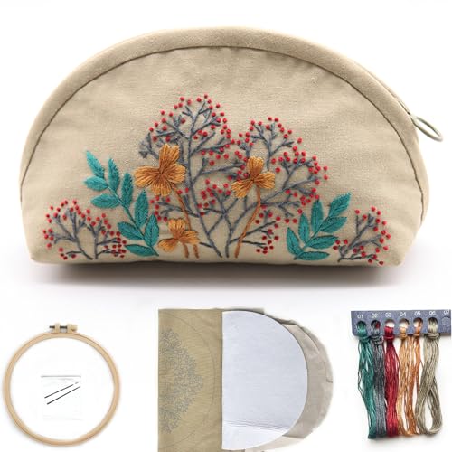 FONNUY Embroidery Kit Makeup Bag for Beginners, Flowers Pre-Stamped Pattern Handbag Coin Purses Making Kits for Adults with Hoop, Easy to Follow Color Thread Needlework (Beige)