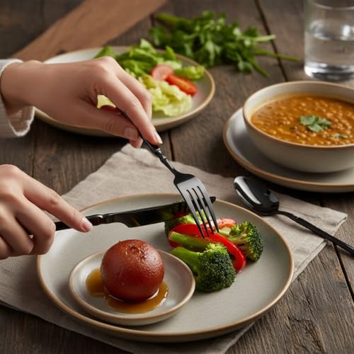 Image of 30 Pcs Black Cutlery Set for Dining Table the Perfect Lightweight Silim Handle Tableware Including Dinner Spoon, Dinner Fork, Dinner Knife, Dessert Spoon & Dessert Fork