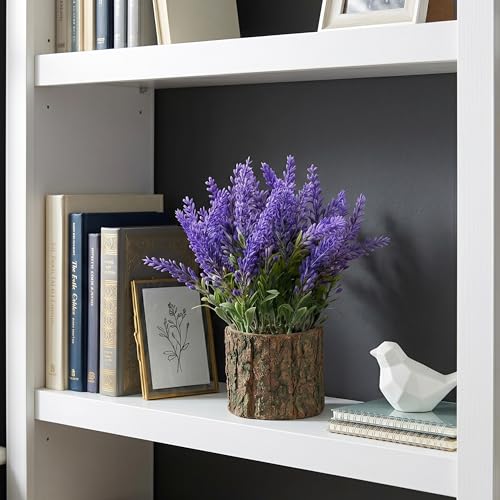 Image of Dekorly Artificial Lavender Flower with Real Wooden Vase (28CM Overall Height) | Decorative Lifelike Faux Floral Plant in Rustic Tree Log Pot for Living Room(Lavender Flower)