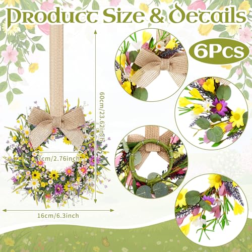 Image of Dingion 6 Pcs 6 inch Mini Spring Cabinet Wreaths Spring and Summer Wildflower Candle Rings Wreaths for Kitchen with Ribbon Small Floral Wreath for Window Door Farmhouse Wedding Decorations