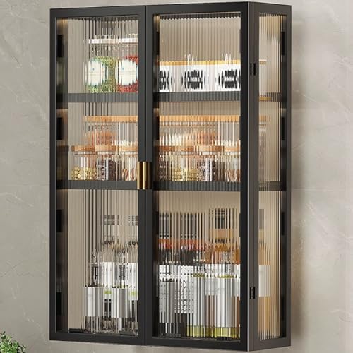 Wall-Mounted Kitchen Storage Cabinet, Punch-Free, Dust-Proof Spice Rack with Acrylic Door & Shelf, Black Wall Cabinet for Organized Cooking Space (69.5 * 50 * 1 cm)