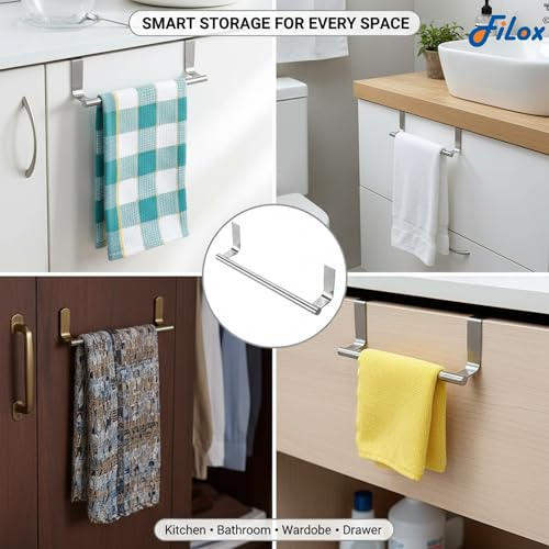 Image of Filox Stainless Steel Over Cabinet Towel Holder | No-Drill Door Hanging Rack for Kitchen & Bathroom | Adjustable Bar for Cupboard, Drawer & Wardrobe Storage | Space-Saving Organizer