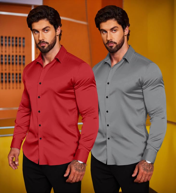 Image of Combo of Men's Premium Satin Cotton Shirt with Full Sleeves & Spread Collar | Smooth Finish | Slim Fit | Stylish Button Down Shirt for Evening, Casual Pack of 2