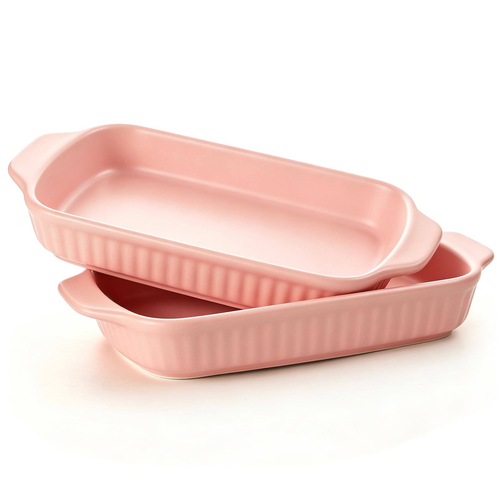 Aleker 2 Pack Ceramic Lasagna Dish with Handles, 8 inch Matte Ribbed Rectangular Serving Dishes Pie Dish, Oven-Safe Baking Dishes for Casseroles, Pasta, Rosting, Pies, Tapas Dishwasher Safe, Pink