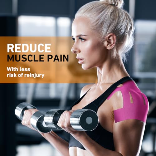 Image of Kinesiology Tape for Shoulder Precut, 24 PCS Shoulder Tape for Pain Relief, KTQUICK Original Cotton Waterproof & Breathable, Enhance Elastic Sports Tape for Pain Support and Muscle Sports, Pink