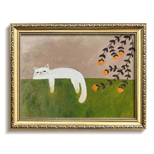 Gold Framed Cat Wall Art, Boho Modern Cozy Wall Decor, Century Cute Cat Napping Under Fruit Tree Canvas Prints, Neutral and Green Picture Poster Painting for Living Room Bedroom 8x10in