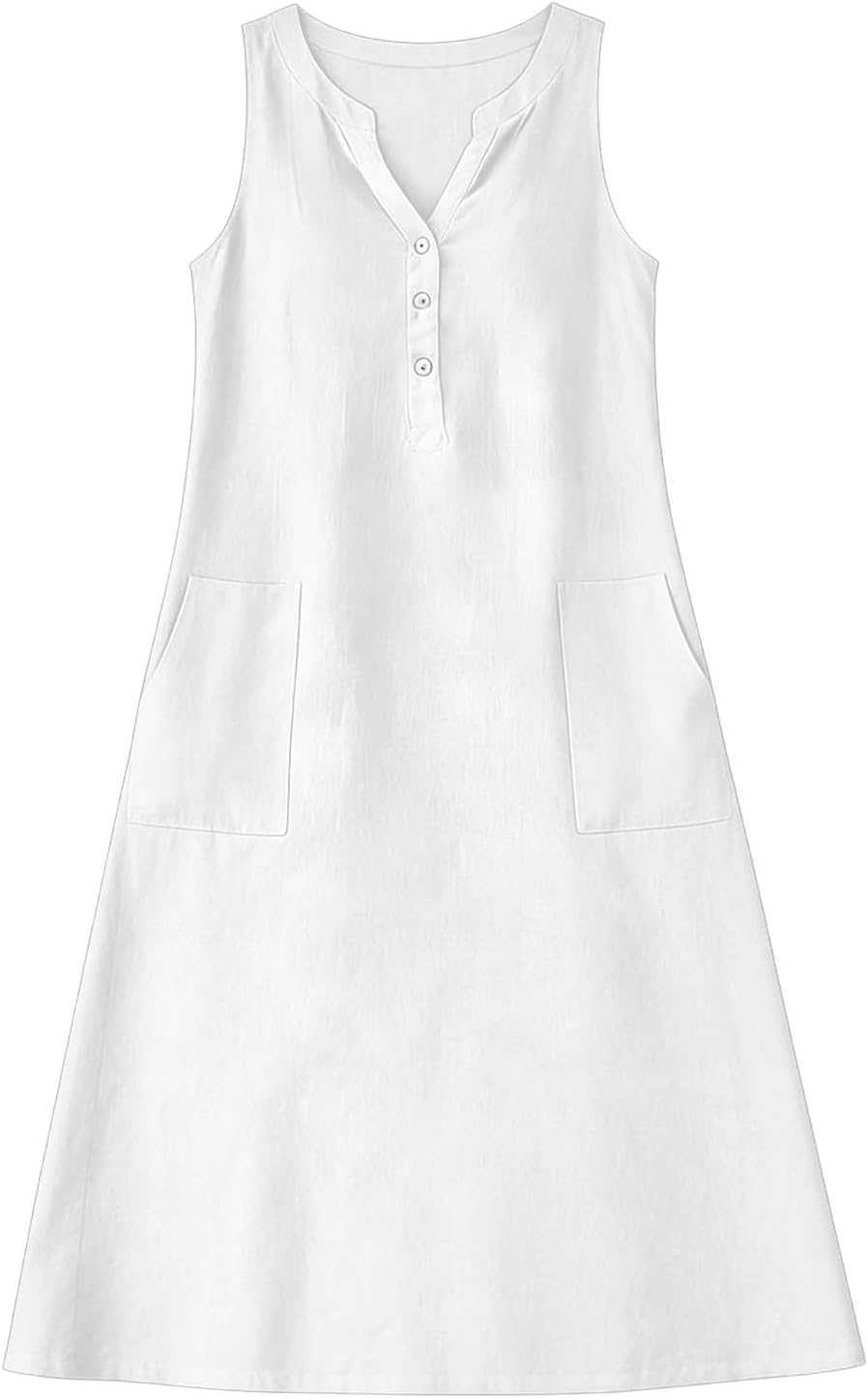 Summer Linen Dresses for Women Button V Neck Sleeveless Midi Dress Casual Cotton Gauze Shift Dress with Pockets